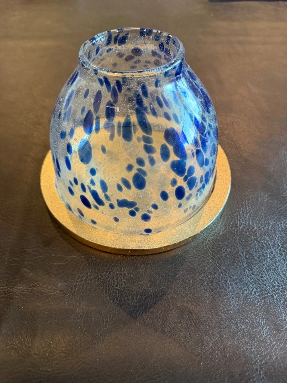 Anthropologie Glass Candle Cloche Blue Confetti Golden-Tone Base